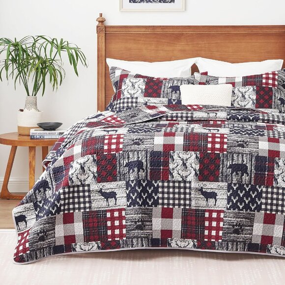 New 3-Piece Reversible Wildlife Patchwork Quilt • Queen Size - Picture 1 of 5